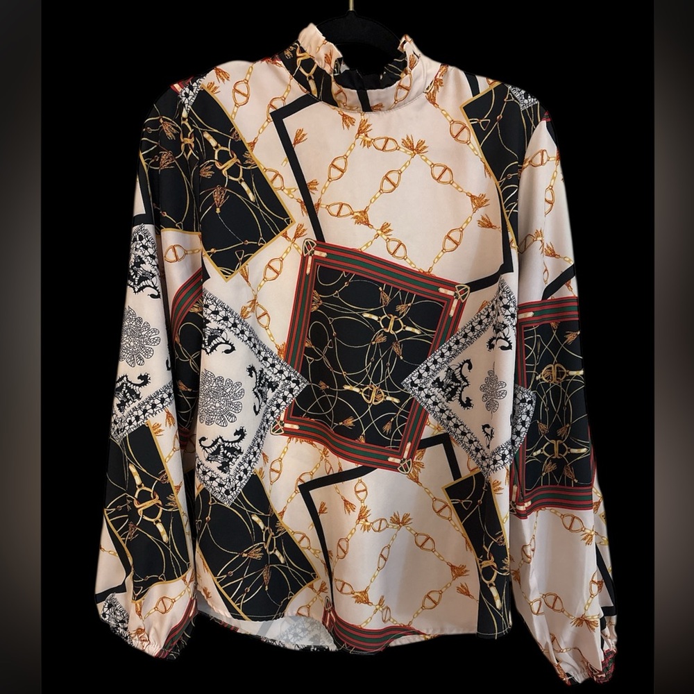 Long sleeve ruffle high neck horse bit green red Print Blouse XL